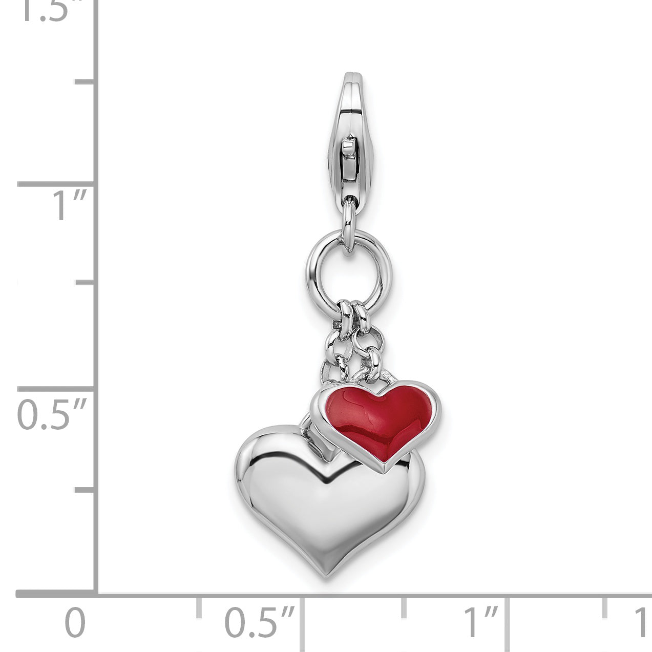 Amore La Vita Sterling Silver Rhodium-plated Polished 3-D Red Enameled Double Heart Charm with Fancy Lobster Clasp