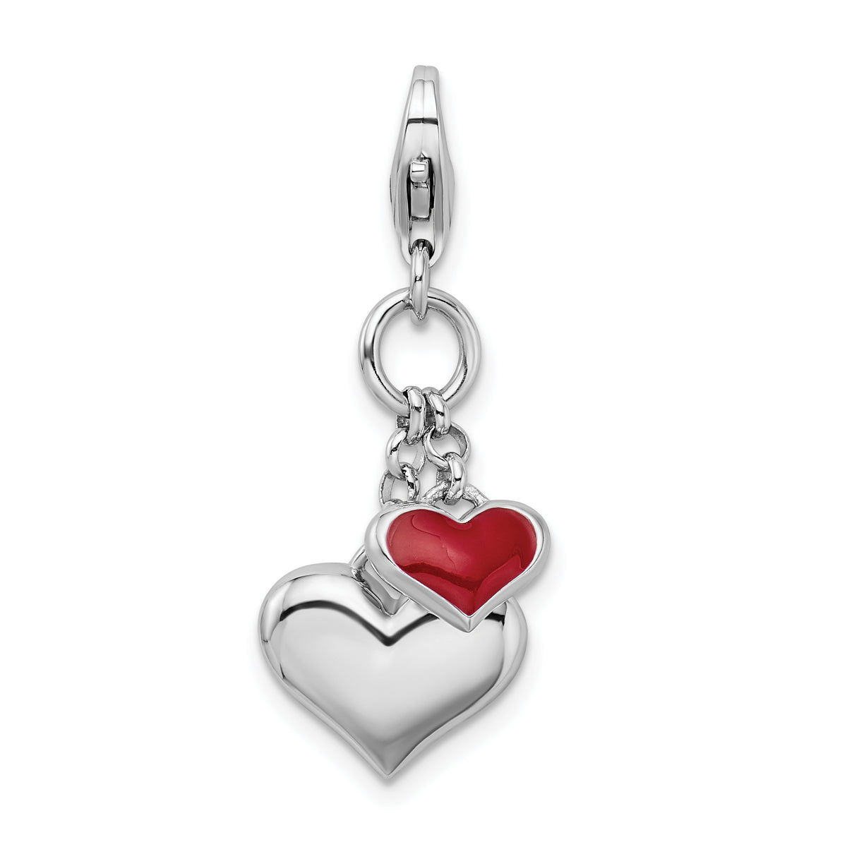 Amore La Vita Sterling Silver Rhodium-plated Polished 3-D Red Enameled Double Heart Charm with Fancy Lobster Clasp