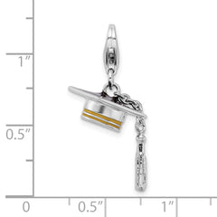 Amore La Vita Sterling Silver Rhodium-plated and Gold-tone Polished 3-D Moveable Enameled Graduation Cap and Tassel Charm with Fancy Lobster Clasp