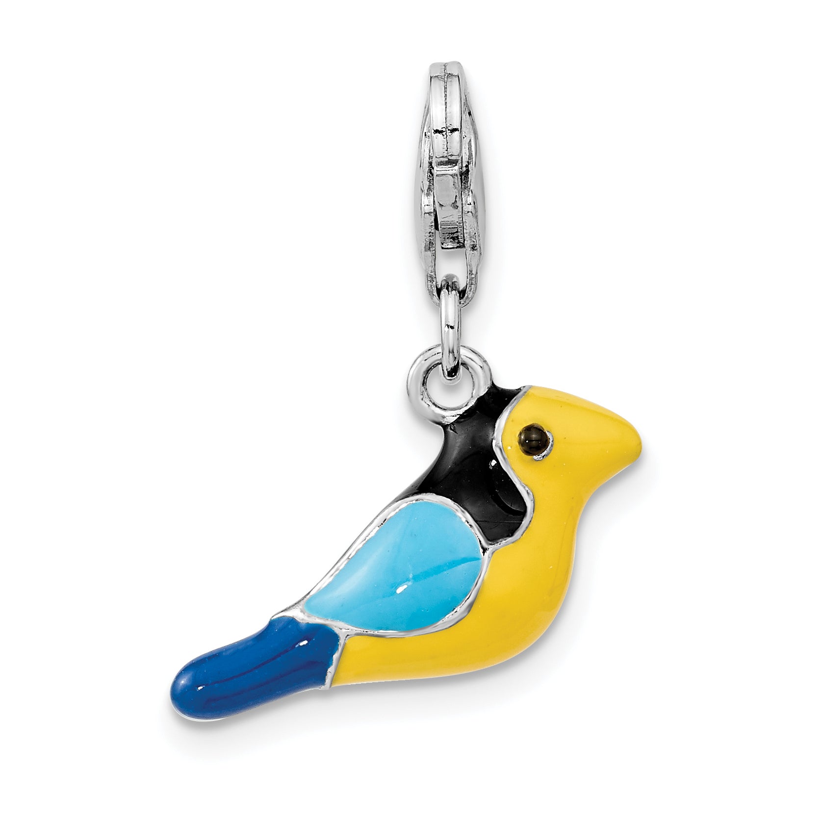 Amore La Vita Sterling Silver Rhodium-plated Polished 3-D Enameled Bird Charm with Fancy Lobster Clasp