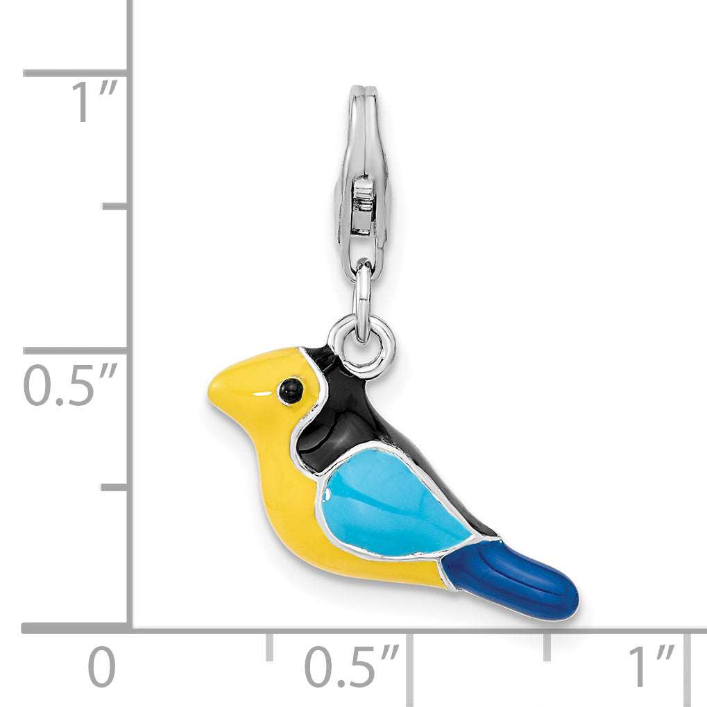 Amore La Vita Sterling Silver Rhodium-plated Polished 3-D Enameled Bird Charm with Fancy Lobster Clasp