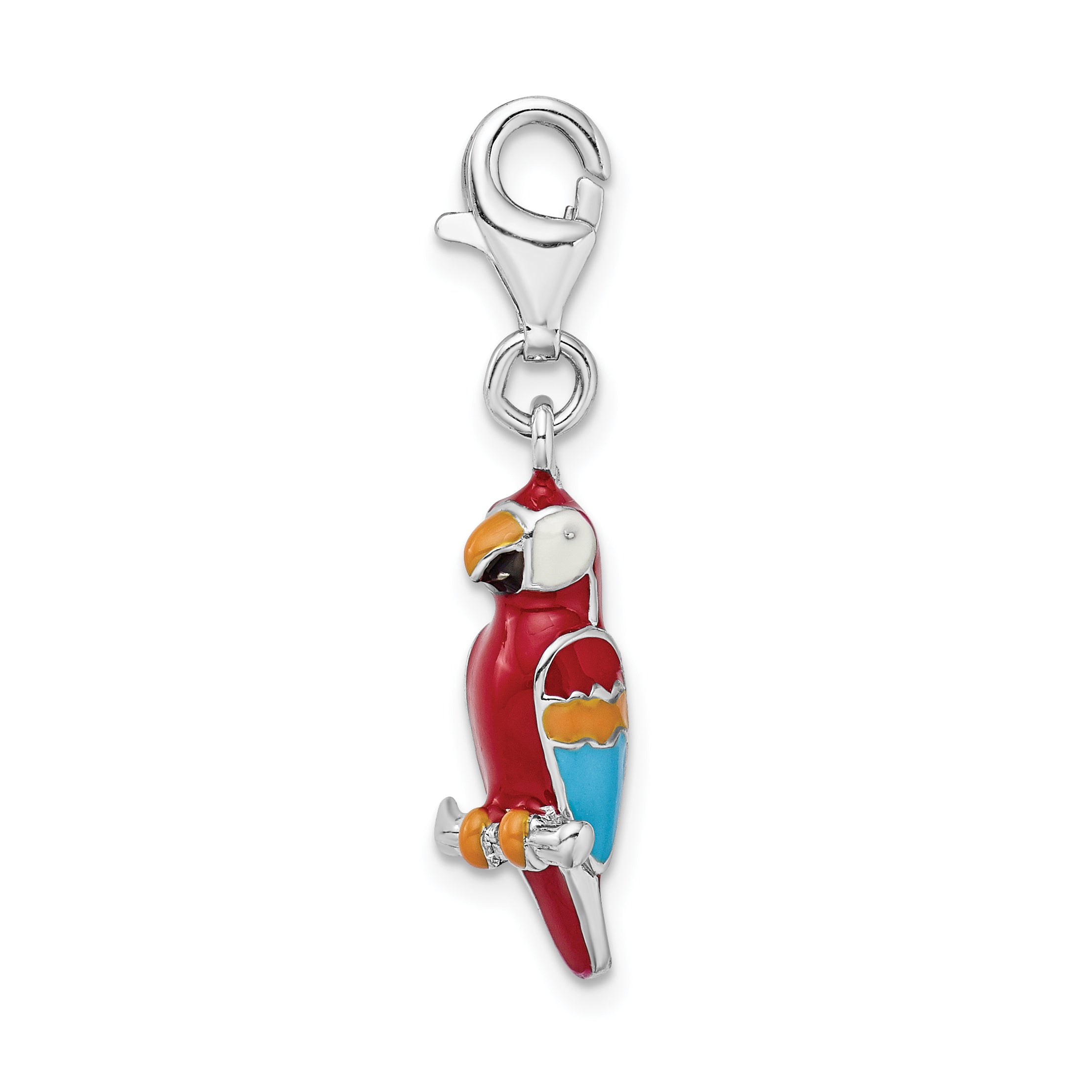 Amore La Vita Sterling Silver Rhodium-plated Polished 3-D Enameled Parrot Charm with Fancy Lobster Clasp