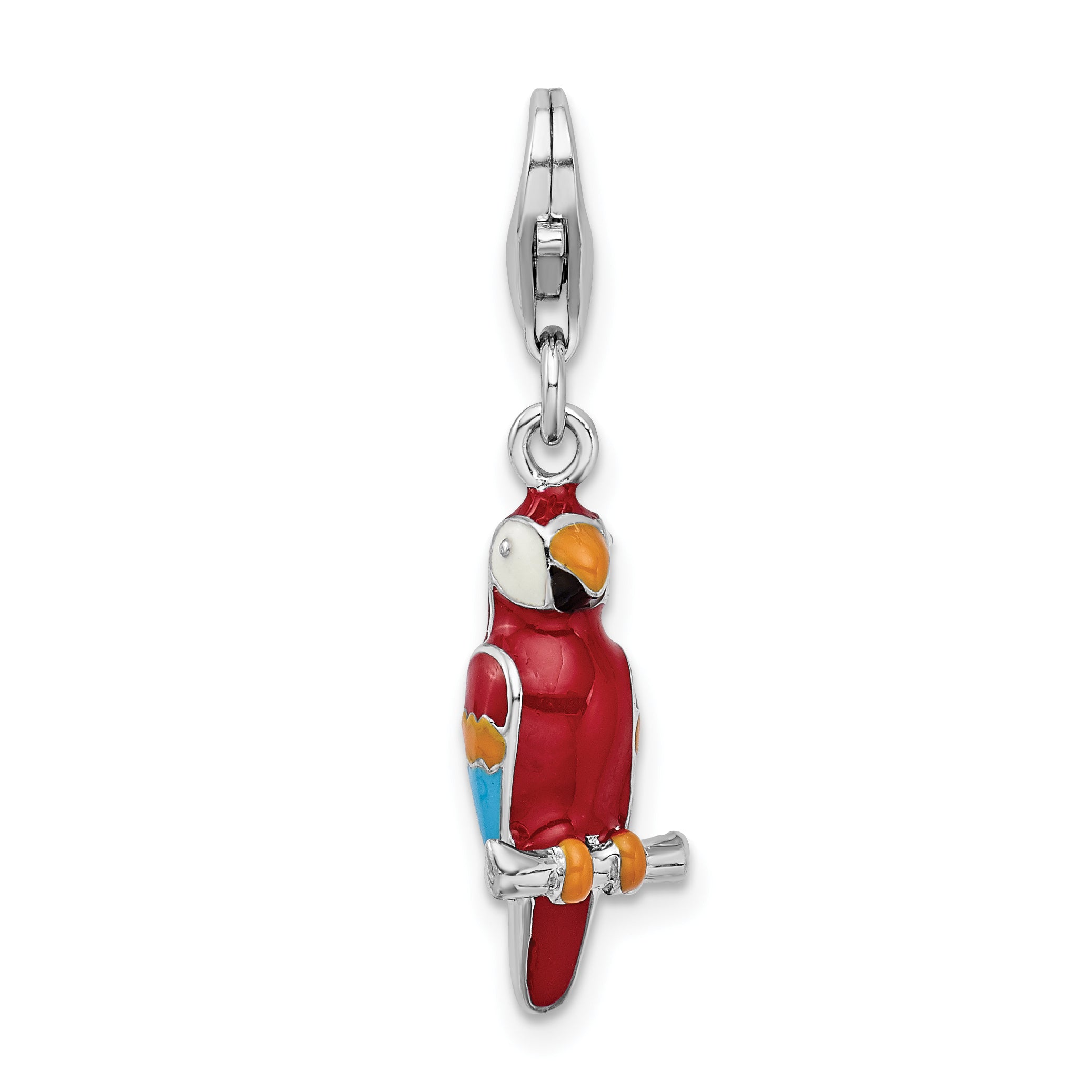 Amore La Vita Sterling Silver Rhodium-plated Polished 3-D Enameled Parrot Charm with Fancy Lobster Clasp