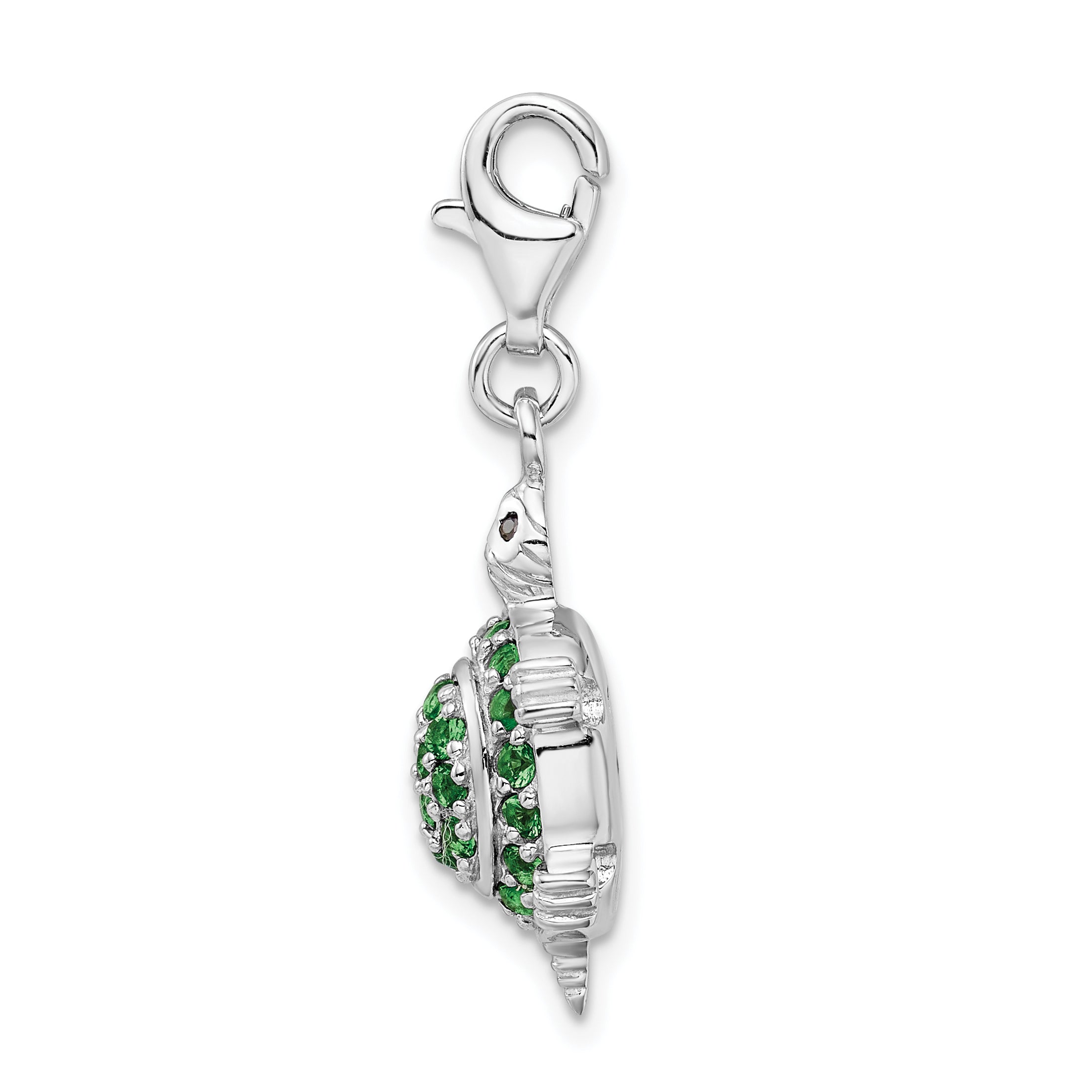 Amore La Vita Sterling Silver Rhodium-plated Polished 3-D CZ Green Turtle Charm with Fancy Lobster Clasp