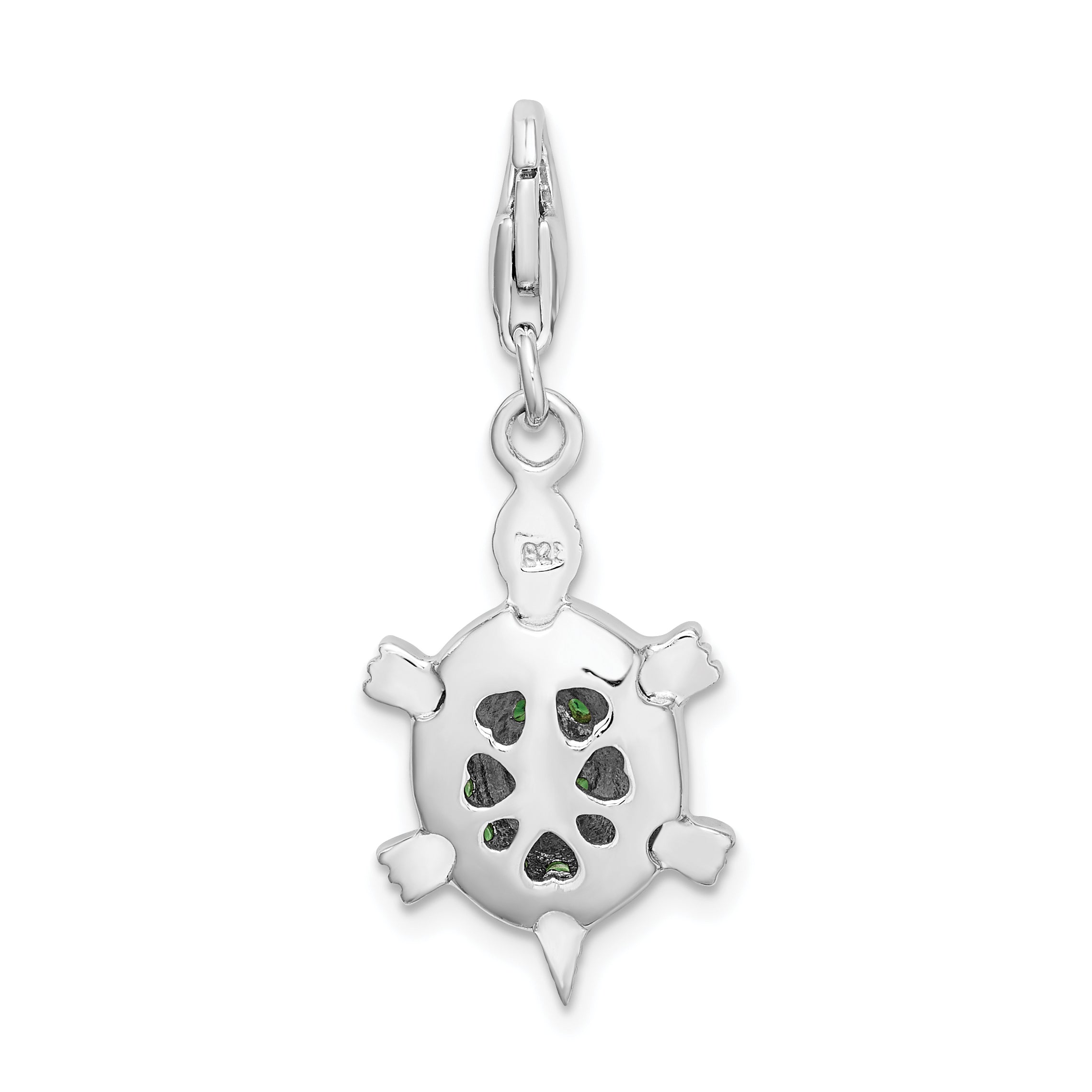 Amore La Vita Sterling Silver Rhodium-plated Polished 3-D CZ Green Turtle Charm with Fancy Lobster Clasp