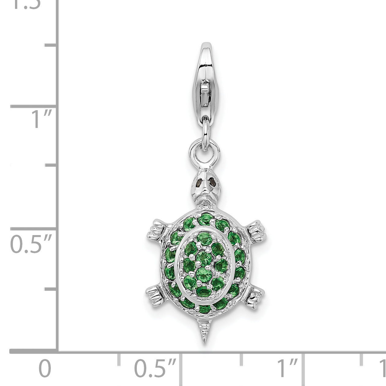 Amore La Vita Sterling Silver Rhodium-plated Polished 3-D CZ Green Turtle Charm with Fancy Lobster Clasp