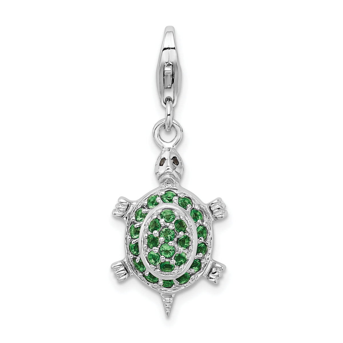 Amore La Vita Sterling Silver Rhodium-plated Polished 3-D CZ Green Turtle Charm with Fancy Lobster Clasp