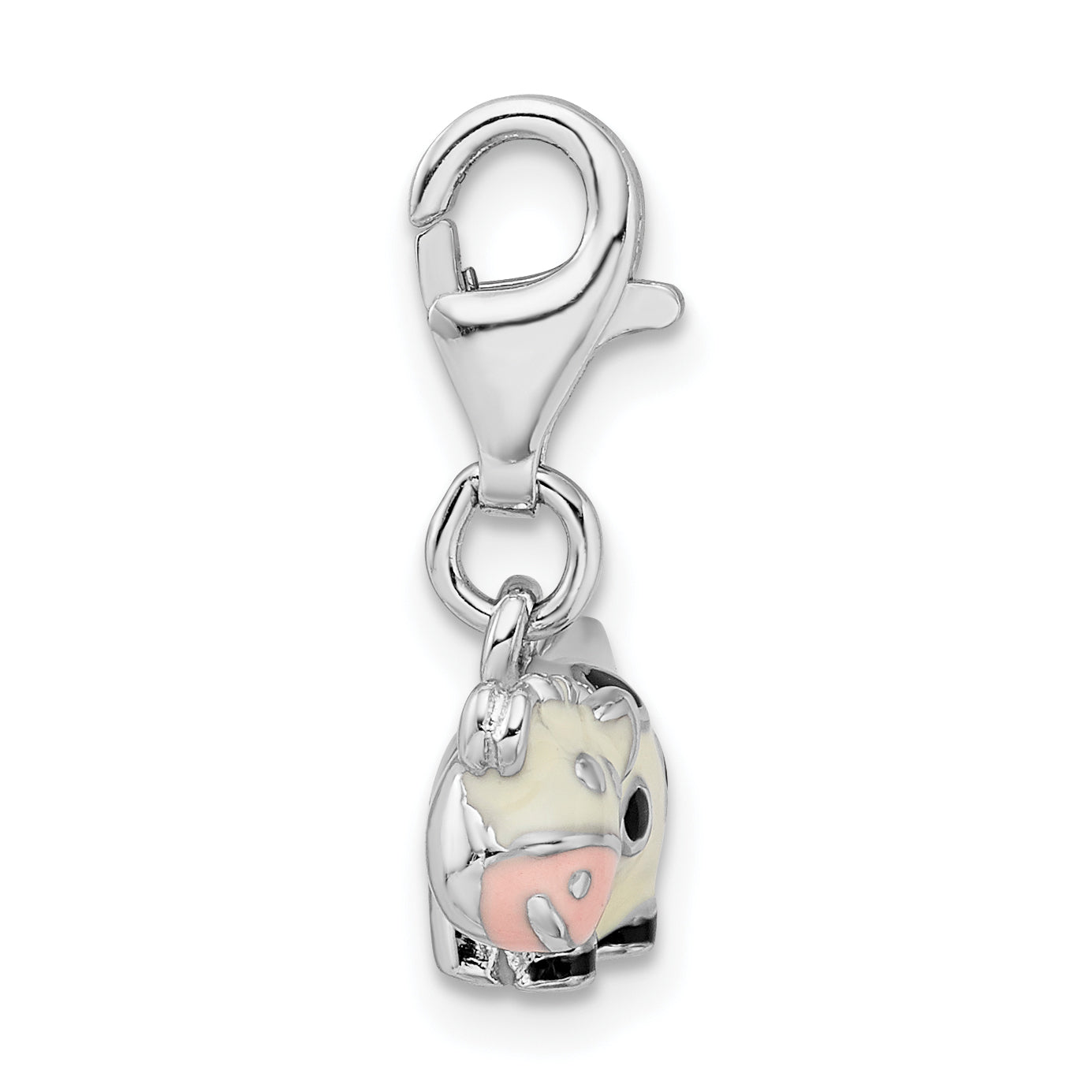 Amore La Vita Sterling Silver Rhodium-plated Polished 3-D Enameled Cow Charm with Fancy Lobster Clasp