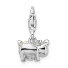 Amore La Vita Sterling Silver Rhodium-plated Polished 3-D Enameled Cow Charm with Fancy Lobster Clasp