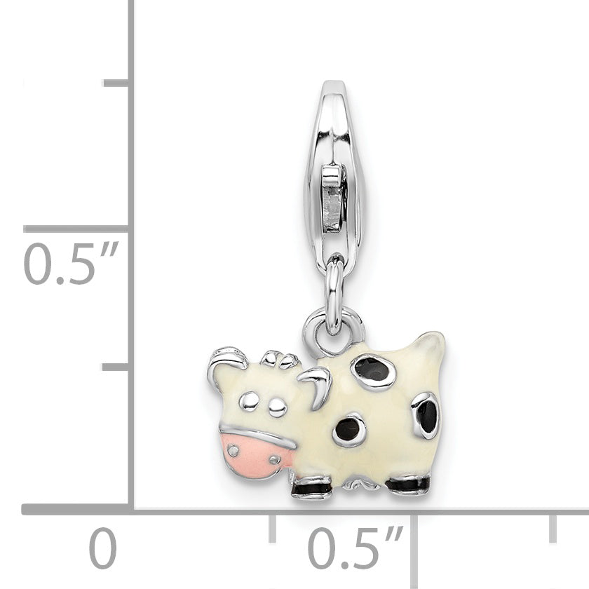 Amore La Vita Sterling Silver Rhodium-plated Polished 3-D Enameled Cow Charm with Fancy Lobster Clasp