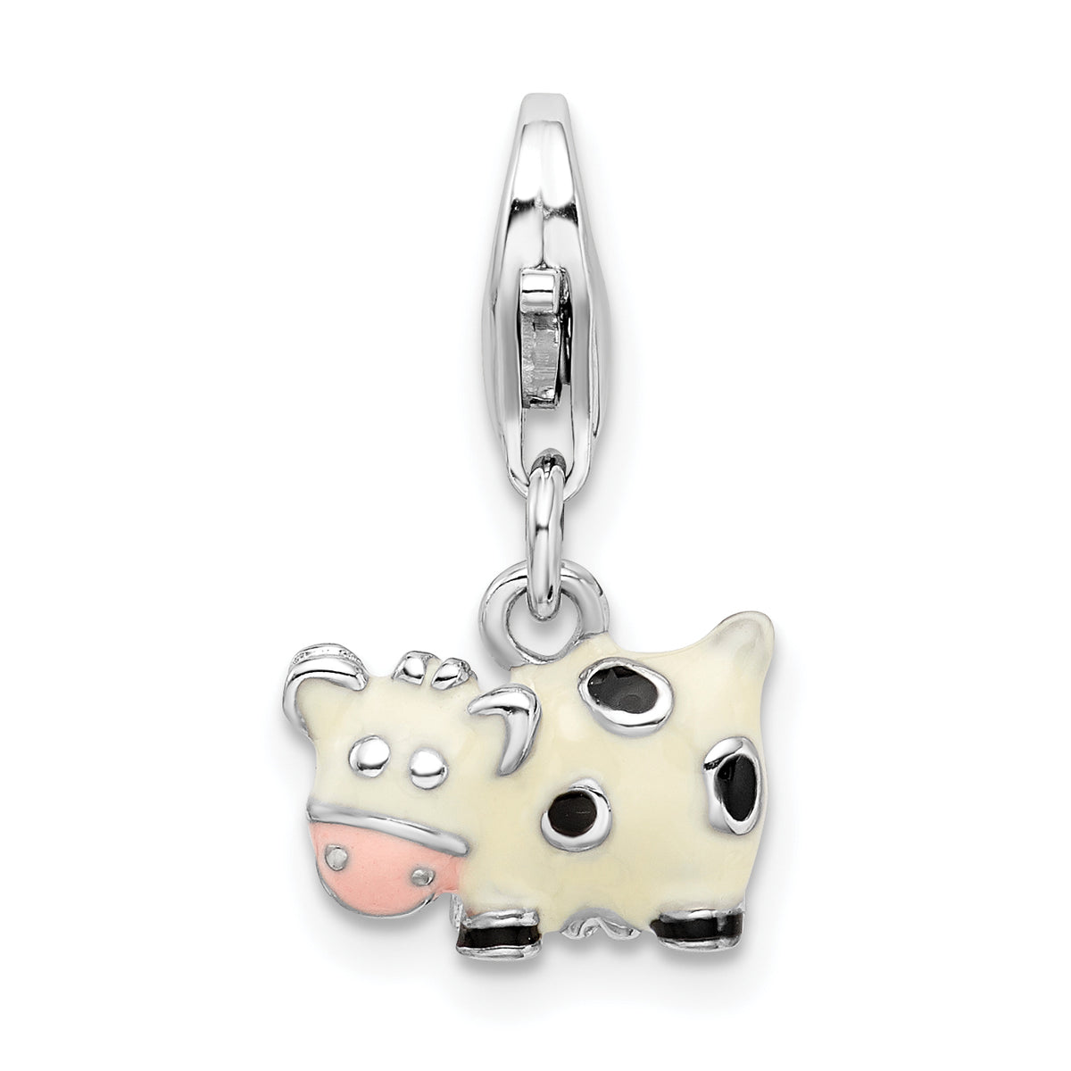 Amore La Vita Sterling Silver Rhodium-plated Polished 3-D Enameled Cow Charm with Fancy Lobster Clasp