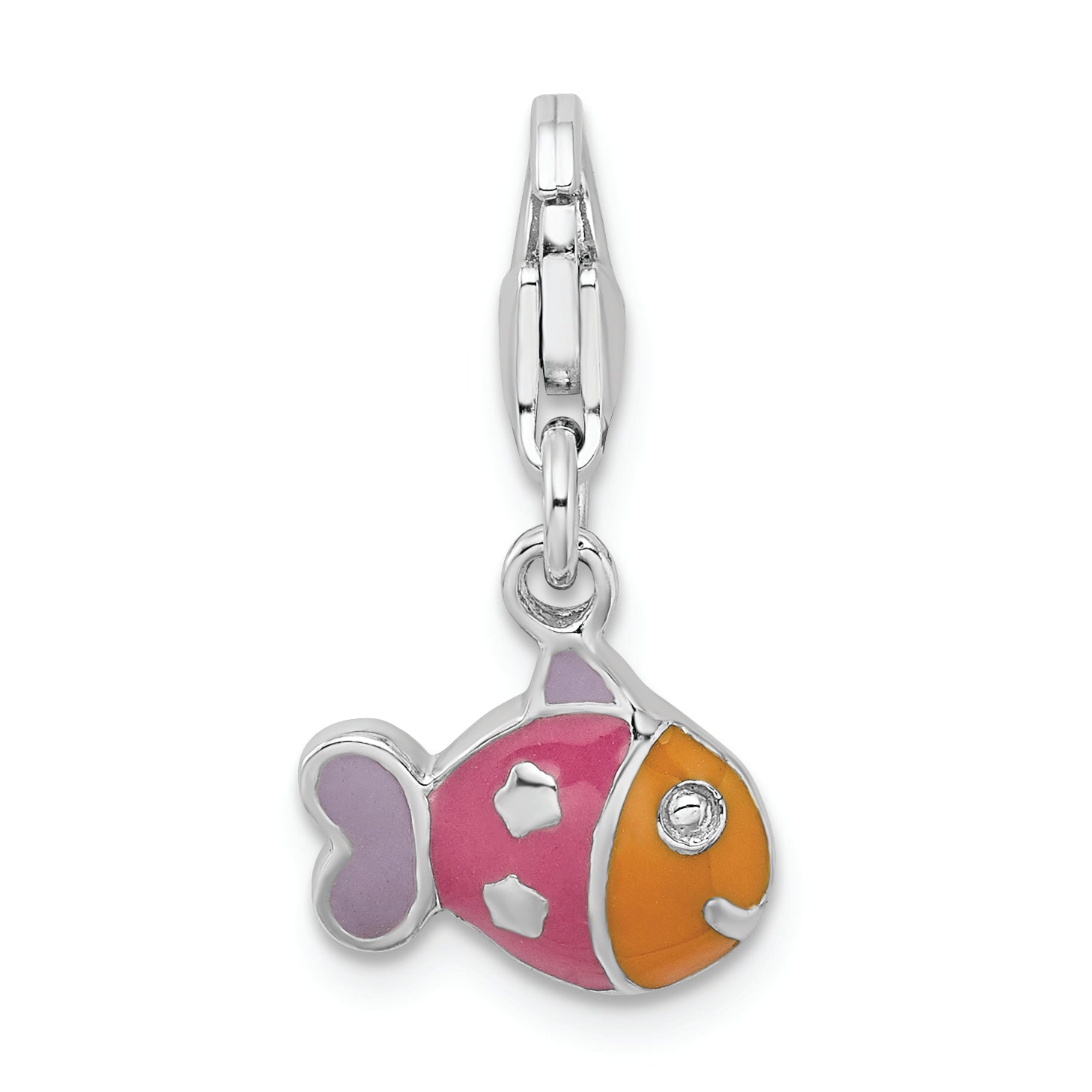 Sterling Silver Rhodium-plated 3-D Enameled Fish With Lobster Clasp Charm