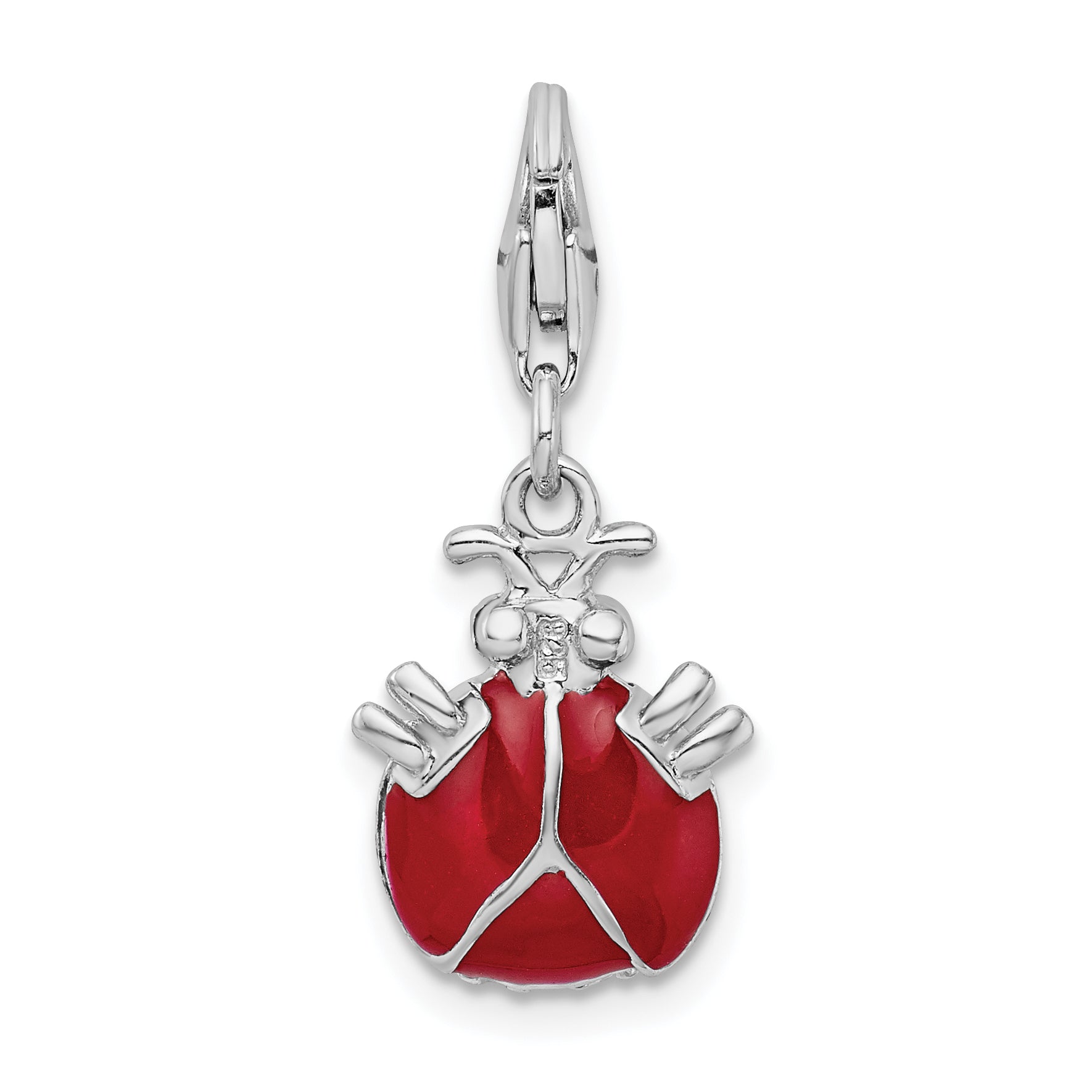 Amore La Vita Sterling Silver Rhodium-plated Polished 3-D CZ Enameled Lady Bug Charm with Fancy Lobster Clasp