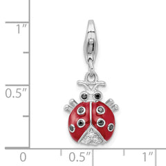 Amore La Vita Sterling Silver Rhodium-plated Polished 3-D CZ Enameled Lady Bug Charm with Fancy Lobster Clasp