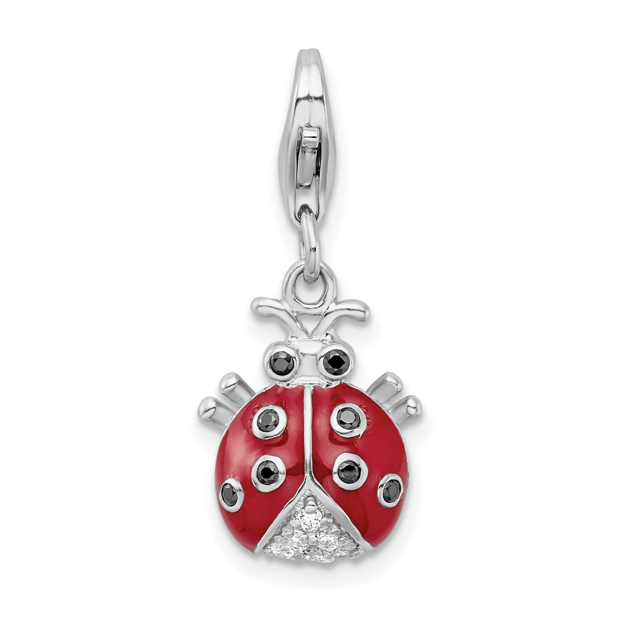 Amore La Vita Sterling Silver Rhodium-plated Polished 3-D CZ Enameled Lady Bug Charm with Fancy Lobster Clasp