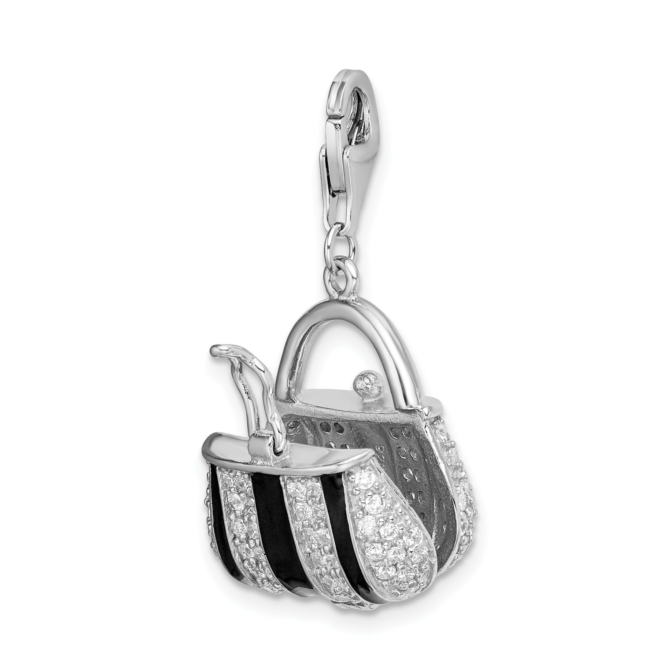 Sterling Silver Black Enameled CZ Handbag w/Lobster Clasp Charm