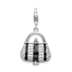 Amore La Vita Sterling Silver Rhodium-plated Polished 3-D Moveable Black Enameled CZ Handbag Charm with Fancy Lobster Clasp