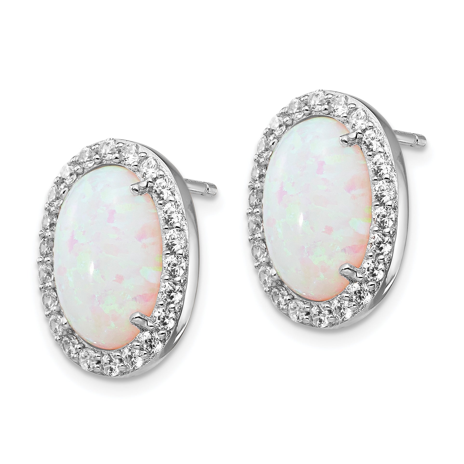 Cheryl M Sterling Silver Rhodium-plated Cabochon Lab Created Opal and Brilliant-cut CZ Oval Halo Post Earrings