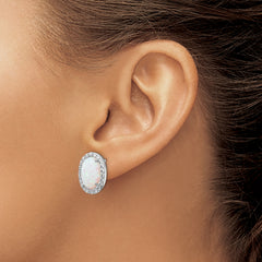 Cheryl M Sterling Silver Rhodium-plated Cabochon Lab Created Opal and Brilliant-cut CZ Oval Halo Post Earrings