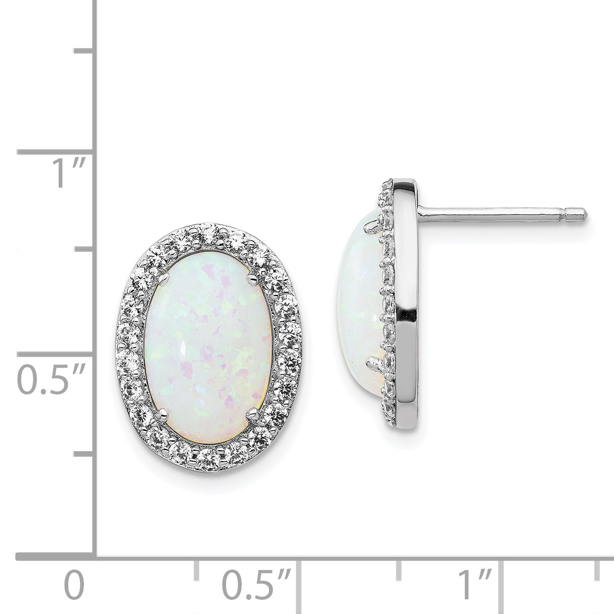 Cheryl M Sterling Silver Rhodium-plated Cabochon Lab Created Opal and Brilliant-cut CZ Oval Halo Post Earrings