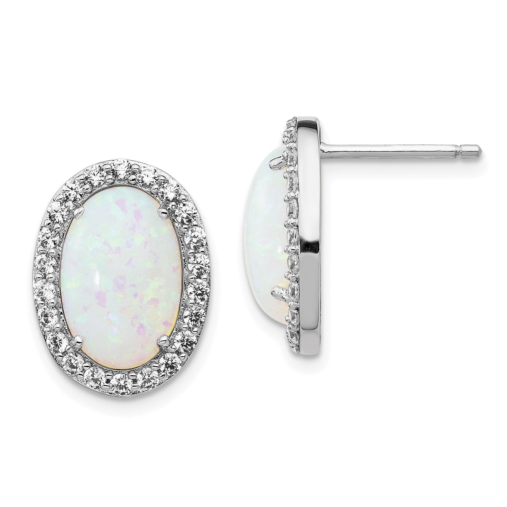 Cheryl M Sterling Silver Rhodium-plated Cabochon Lab Created Opal and Brilliant-cut CZ Oval Halo Post Earrings