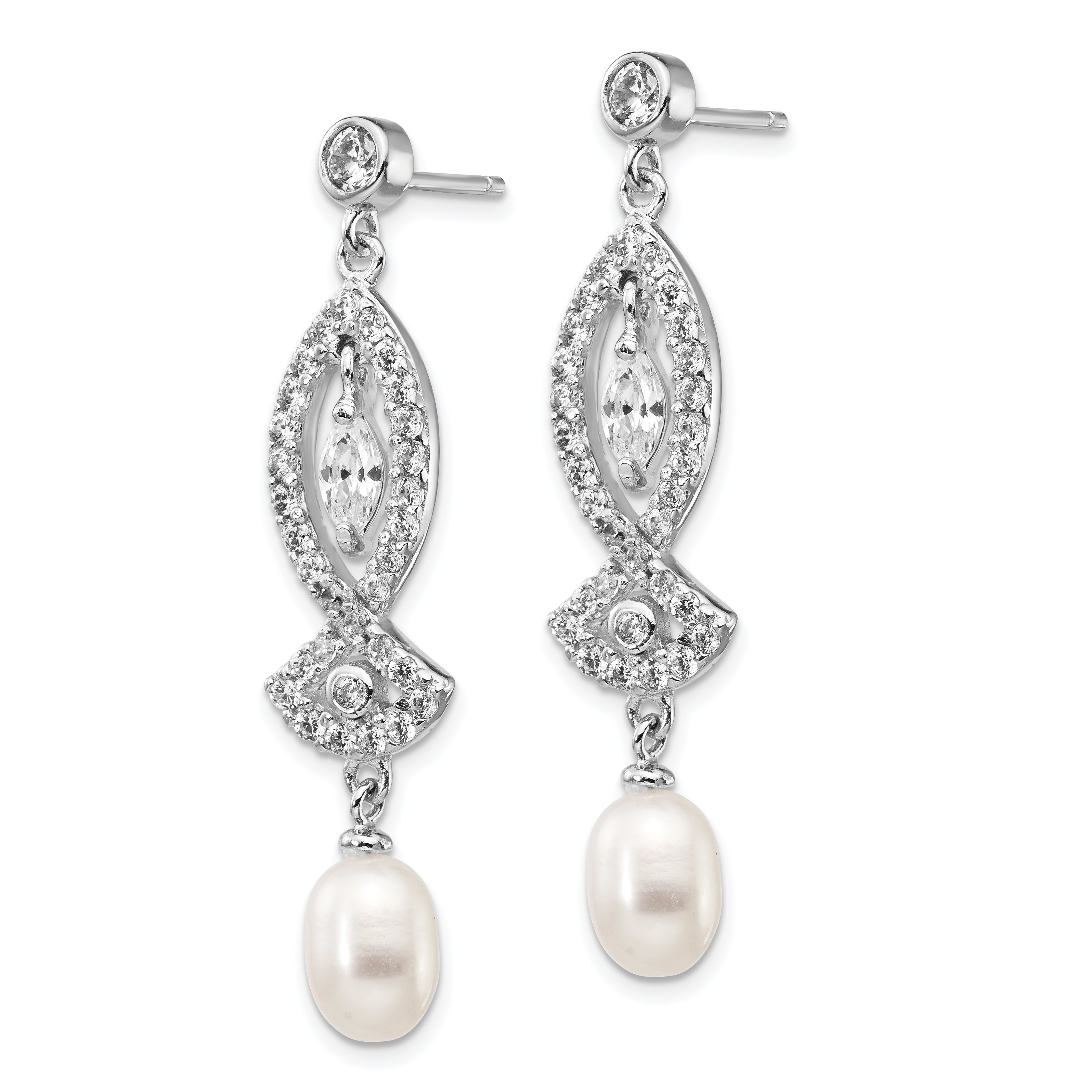 Cheryl M Sterling Silver Rhodium-plated Teardrop Freshwater Cultured Pearl and Marquise-cut/Brilliant-cut CZ Post Dangle Earrings