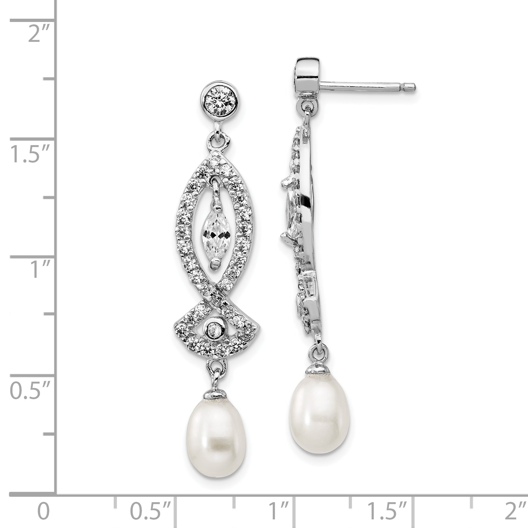 Cheryl M Sterling Silver Rhodium-plated Teardrop Freshwater Cultured Pearl and Marquise-cut/Brilliant-cut CZ Post Dangle Earrings