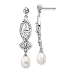 Cheryl M Sterling Silver Rhodium-plated Teardrop Freshwater Cultured Pearl and Marquise-cut/Brilliant-cut CZ Post Dangle Earrings