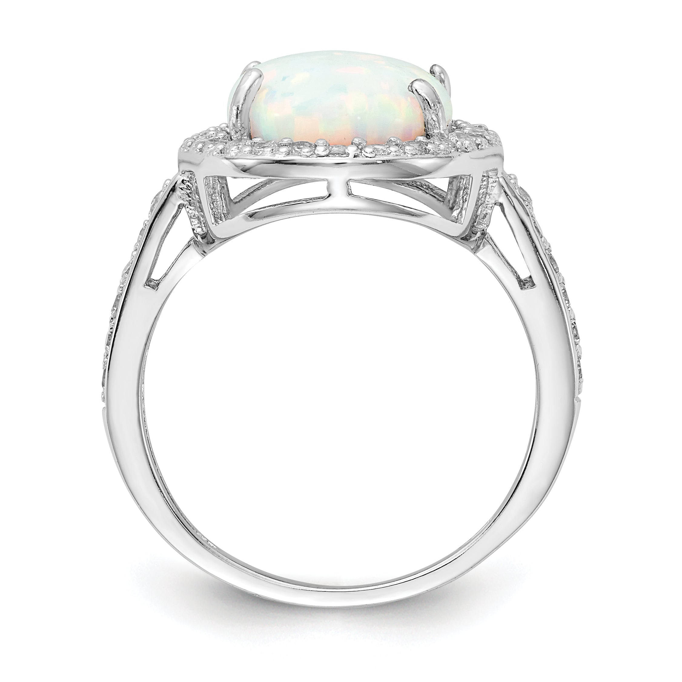 Cheryl M Sterling Silver Rhodium-plated Cabochon Lab Created Opal and Brilliant-cut CZ Oval Halo Ring