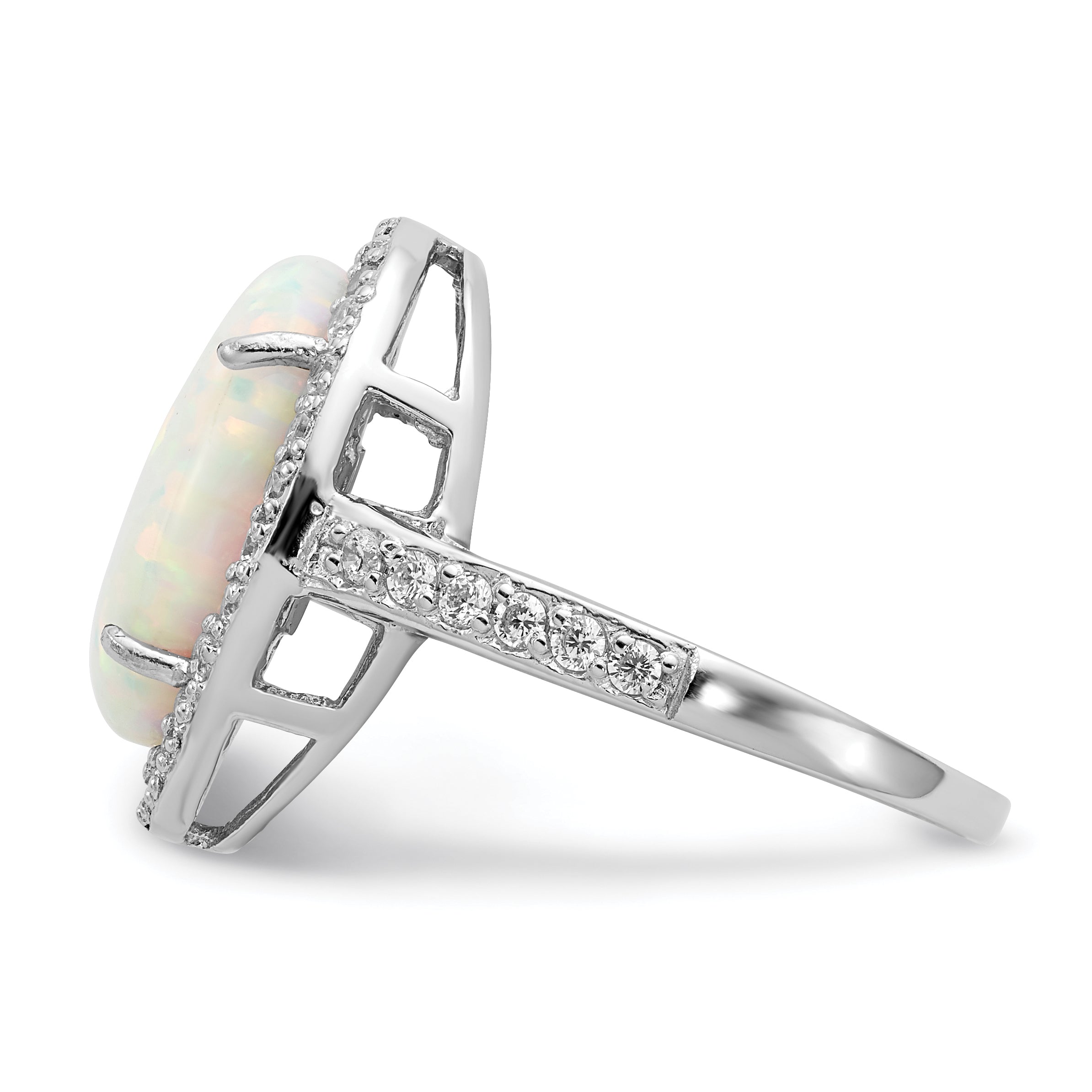 Cheryl M Sterling Silver Rhodium-plated Cabochon Lab Created Opal and Brilliant-cut CZ Oval Halo Ring