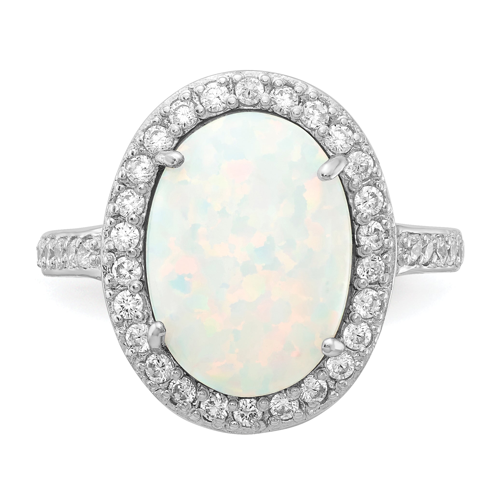 Cheryl M Sterling Silver Rhodium-plated Cabochon Lab Created Opal and Brilliant-cut CZ Oval Halo Ring