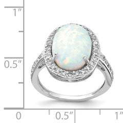 Cheryl M Sterling Silver Rhodium-plated Cabochon Lab Created Opal and Brilliant-cut CZ Oval Halo Ring