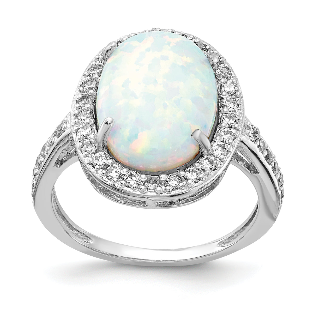 Cheryl M Sterling Silver Rhodium-plated Cabochon Lab Created Opal and Brilliant-cut CZ Oval Halo Ring