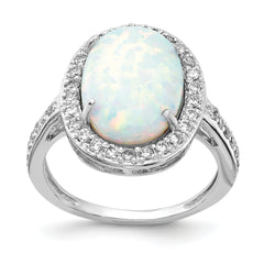 Cheryl M Sterling Silver Rhodium-plated Cabochon Lab Created Opal and Brilliant-cut CZ Oval Halo Ring