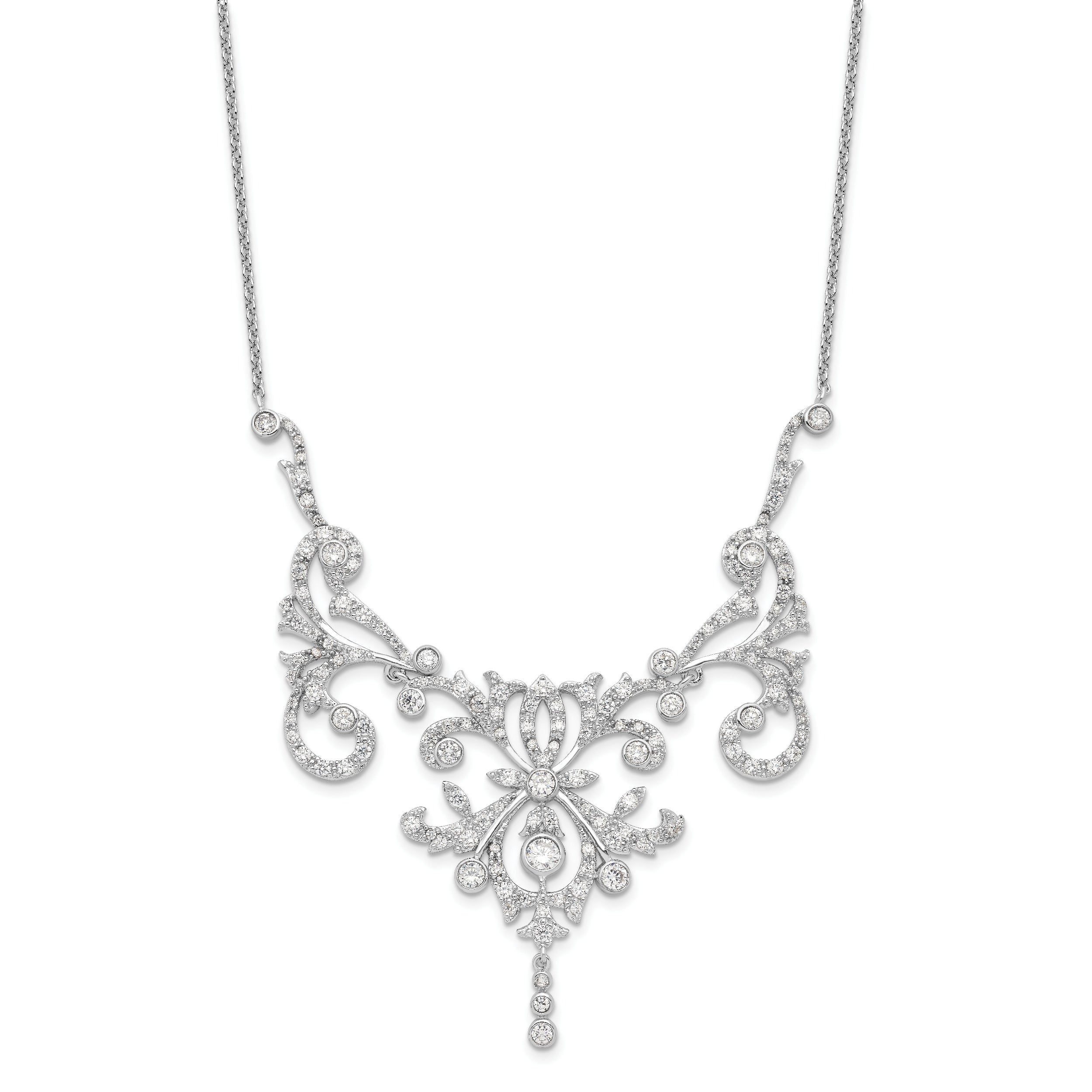 Cheryl M Sterling Silver Rhodium-plated Brilliant-cut CZ Bezel Fancy Scroll 17 Inch Necklace with 2 Inch Extender