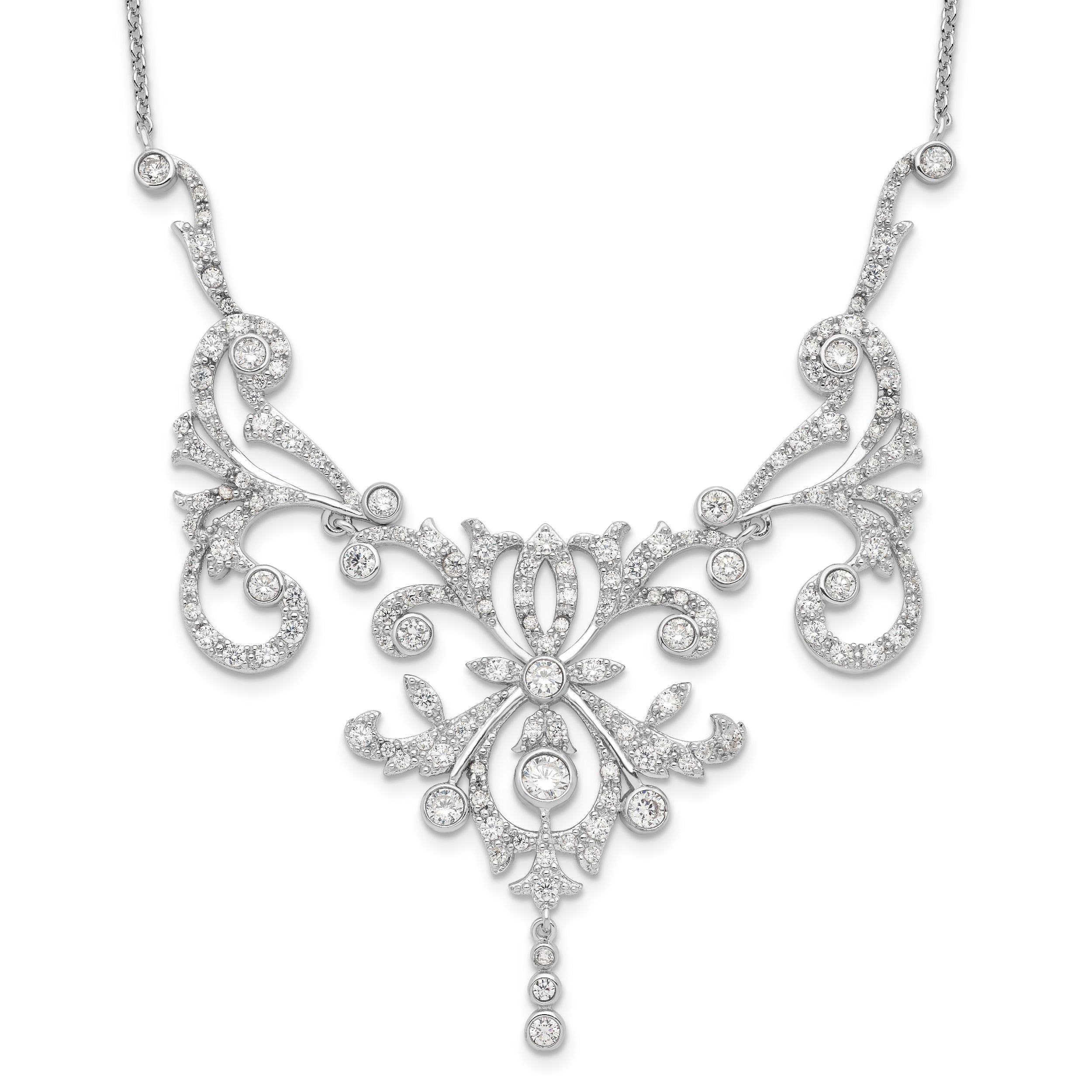 Cheryl M Sterling Silver Rhodium-plated Brilliant-cut CZ Bezel Fancy Scroll 17 Inch Necklace with 2 Inch Extender