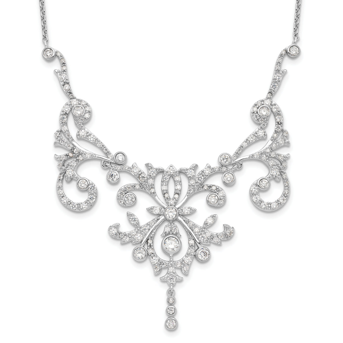 Cheryl M Sterling Silver Rhodium-plated Brilliant-cut CZ Bezel Fancy Scroll 17 Inch Necklace with 2 Inch Extender