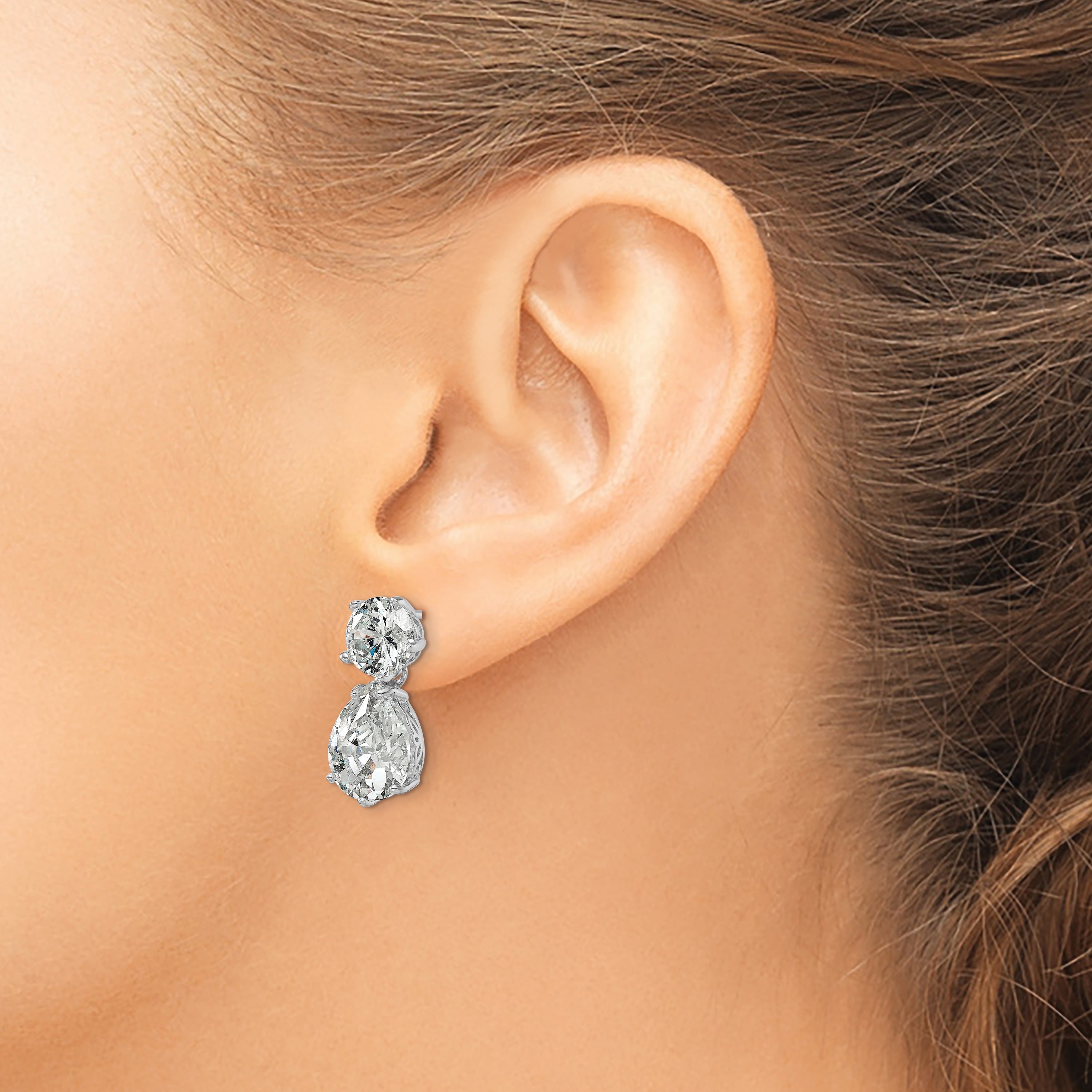 Cheryl M Sterling Silver Rhodium-plated Brilliant-cut CZ Round and Pear Shaped Post Dangle Earrings