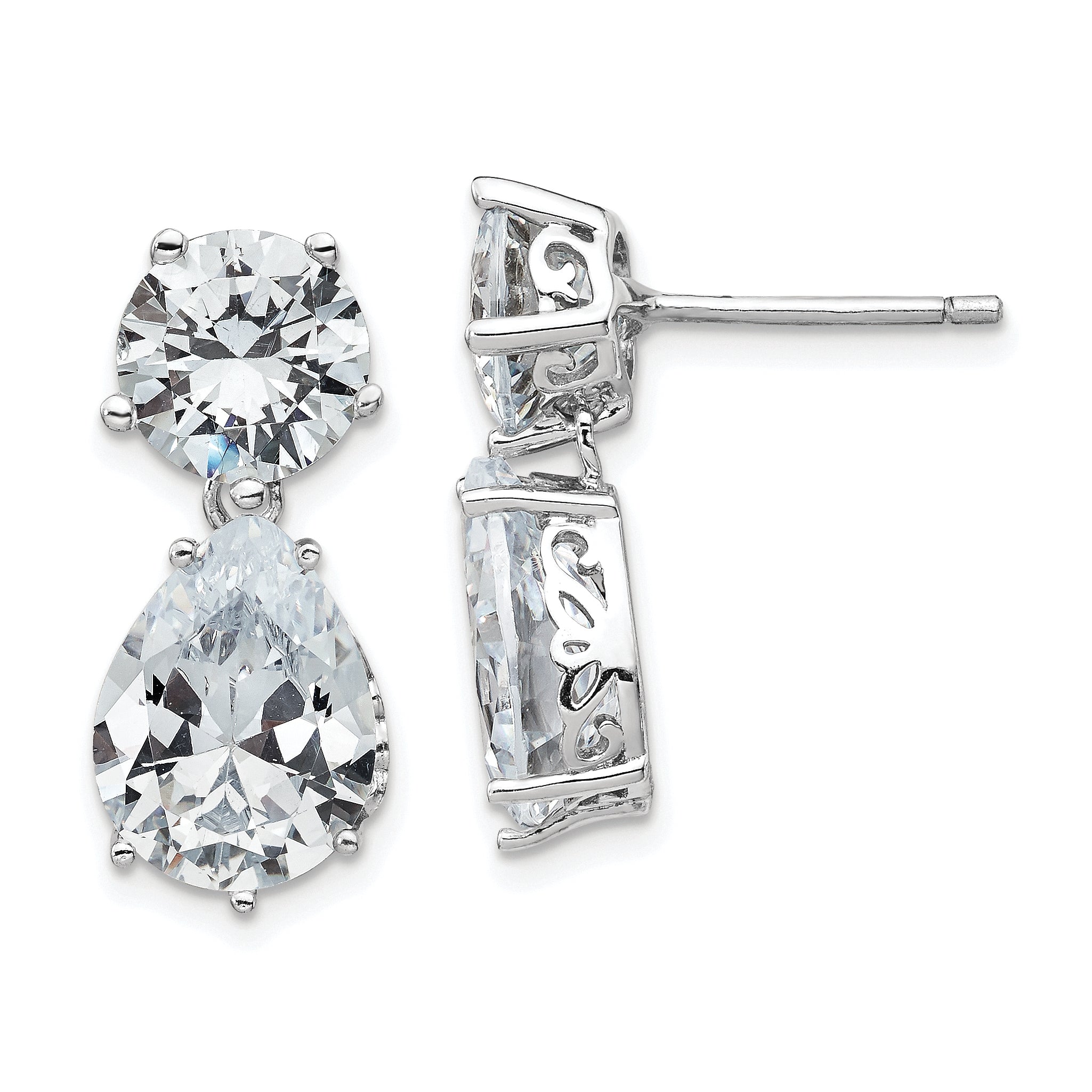 Cheryl M Sterling Silver Rhodium-plated Brilliant-cut CZ Round and Pear Shaped Post Dangle Earrings