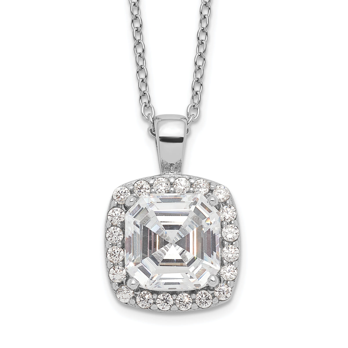 Cheryl M Sterling Silver Rhodium-plated Asscher-cut and Brilliant-cut CZ Halo 18 Inch Necklace