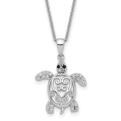 Cheryl M Sterling Silver Rhodium-plated Brilliant-cut Black Glass and Brilliant-cut White CZ Filigree Turtle 18 Inch Necklace