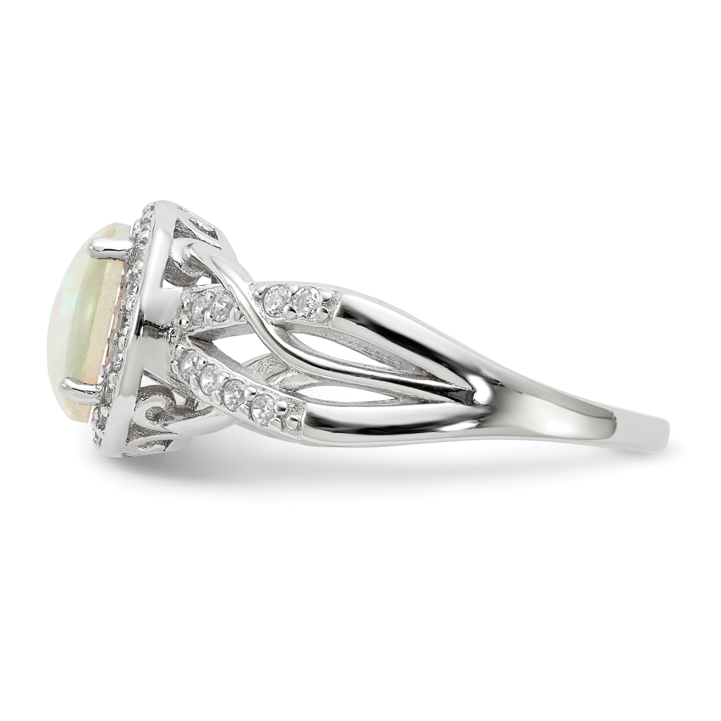 Cheryl M Sterling Silver Rhodium-plated Cabochon Lab Created Opal and Brilliant-cut CZ Woven Pattern Ring