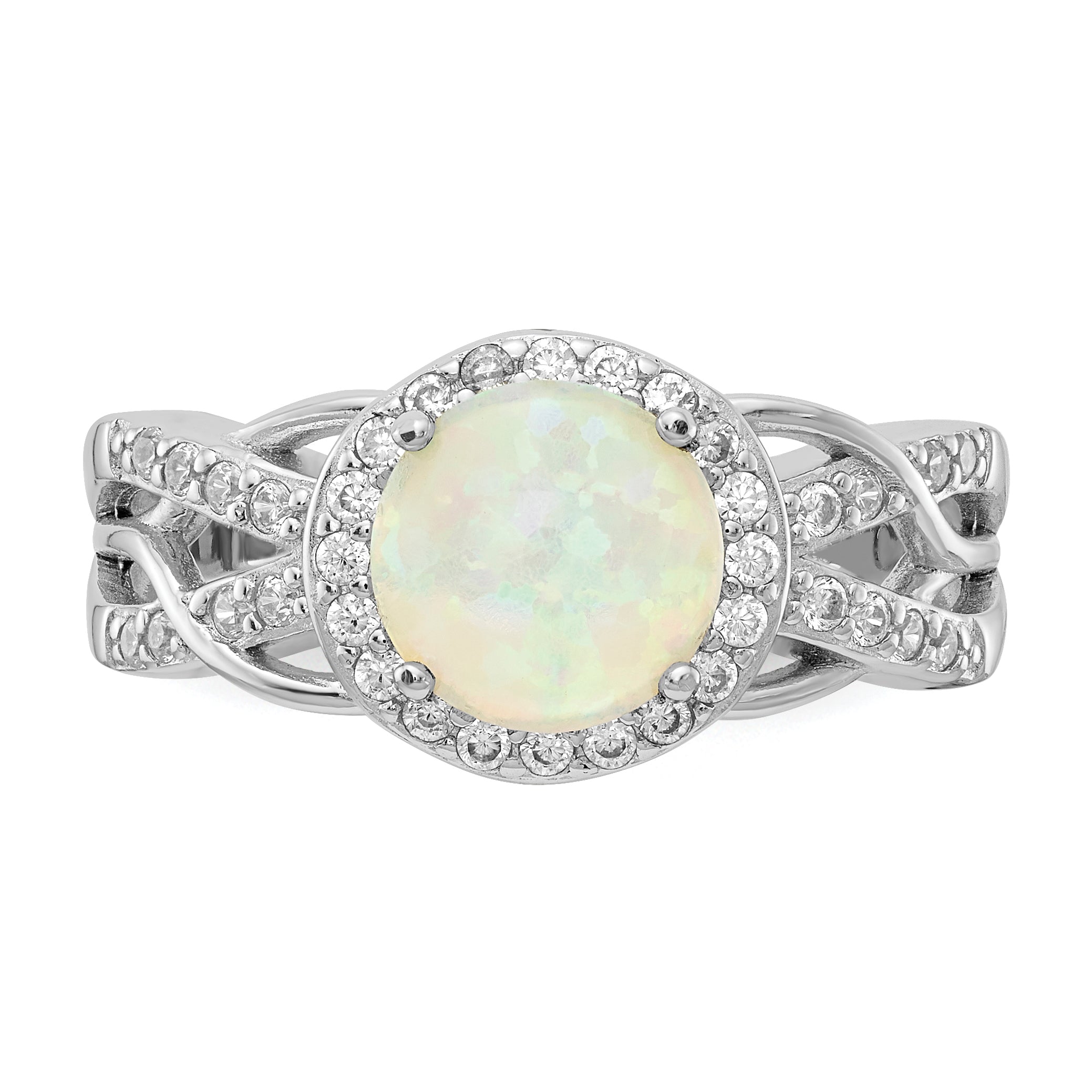 Cheryl M Sterling Silver Rhodium-plated Cabochon Lab Created Opal and Brilliant-cut CZ Woven Pattern Ring