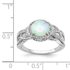 Cheryl M Sterling Silver Rhodium-plated Cabochon Lab Created Opal and Brilliant-cut CZ Woven Pattern Ring