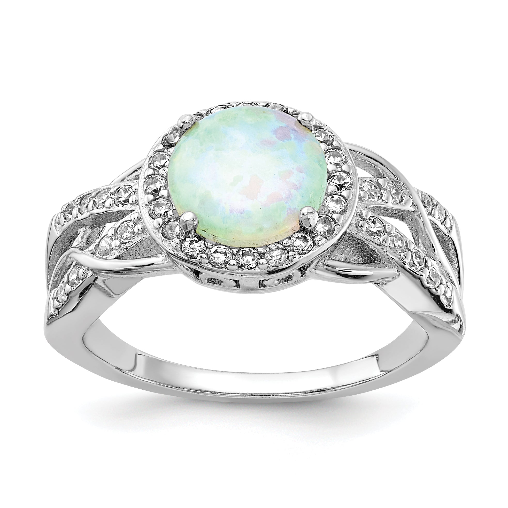 Cheryl M Sterling Silver Rhodium-plated Cabochon Lab Created Opal and Brilliant-cut CZ Woven Pattern Ring