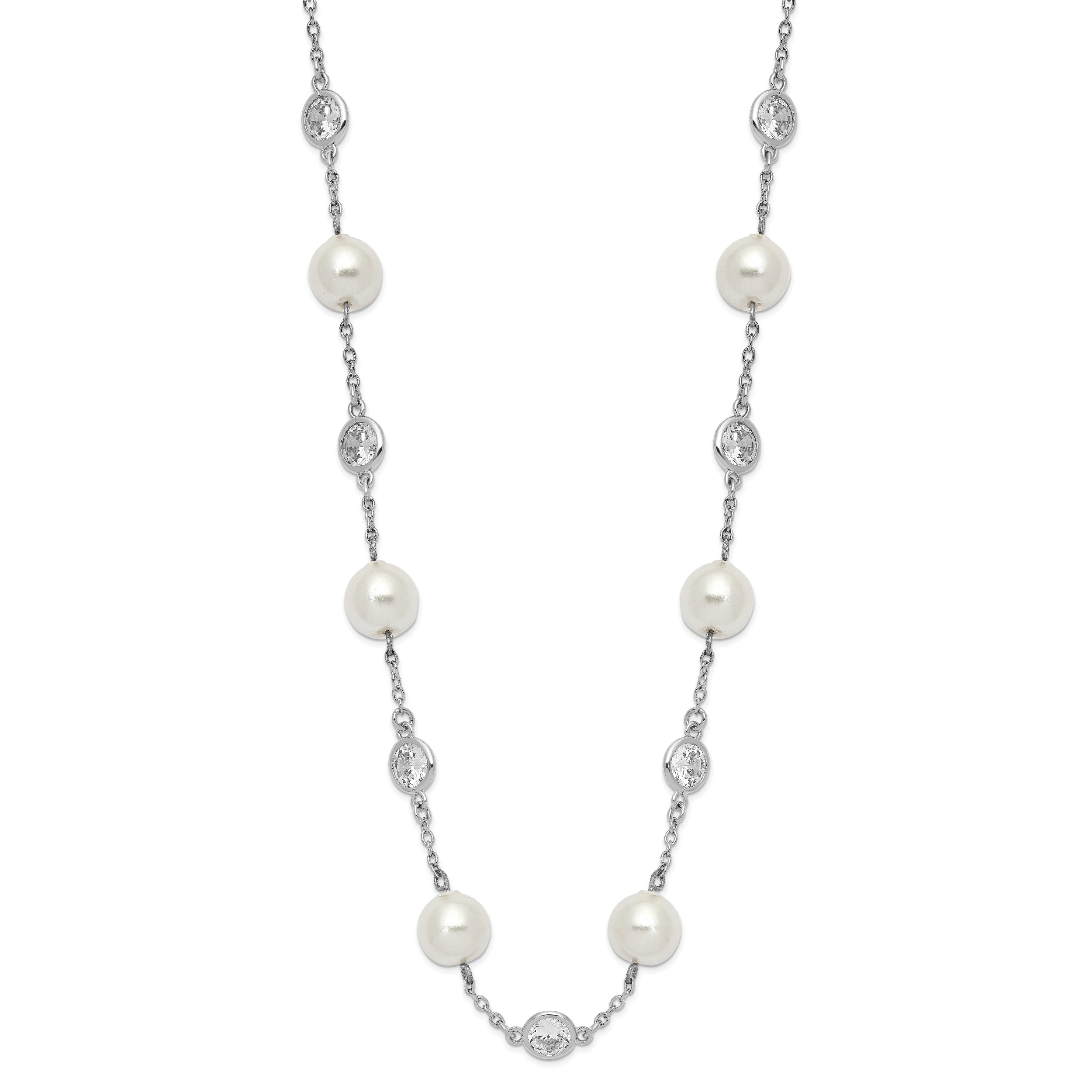 Cheryl M Sterling Silver Rhodium-plated Glass Pearl and Brilliant-cut CZ Bezel Station 18.25 Inch Necklace