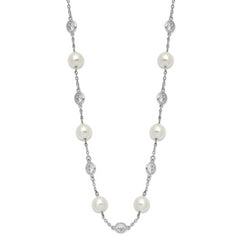 Cheryl M Sterling Silver Rhodium-plated Glass Pearl and Brilliant-cut CZ Bezel Station 18.25 Inch Necklace