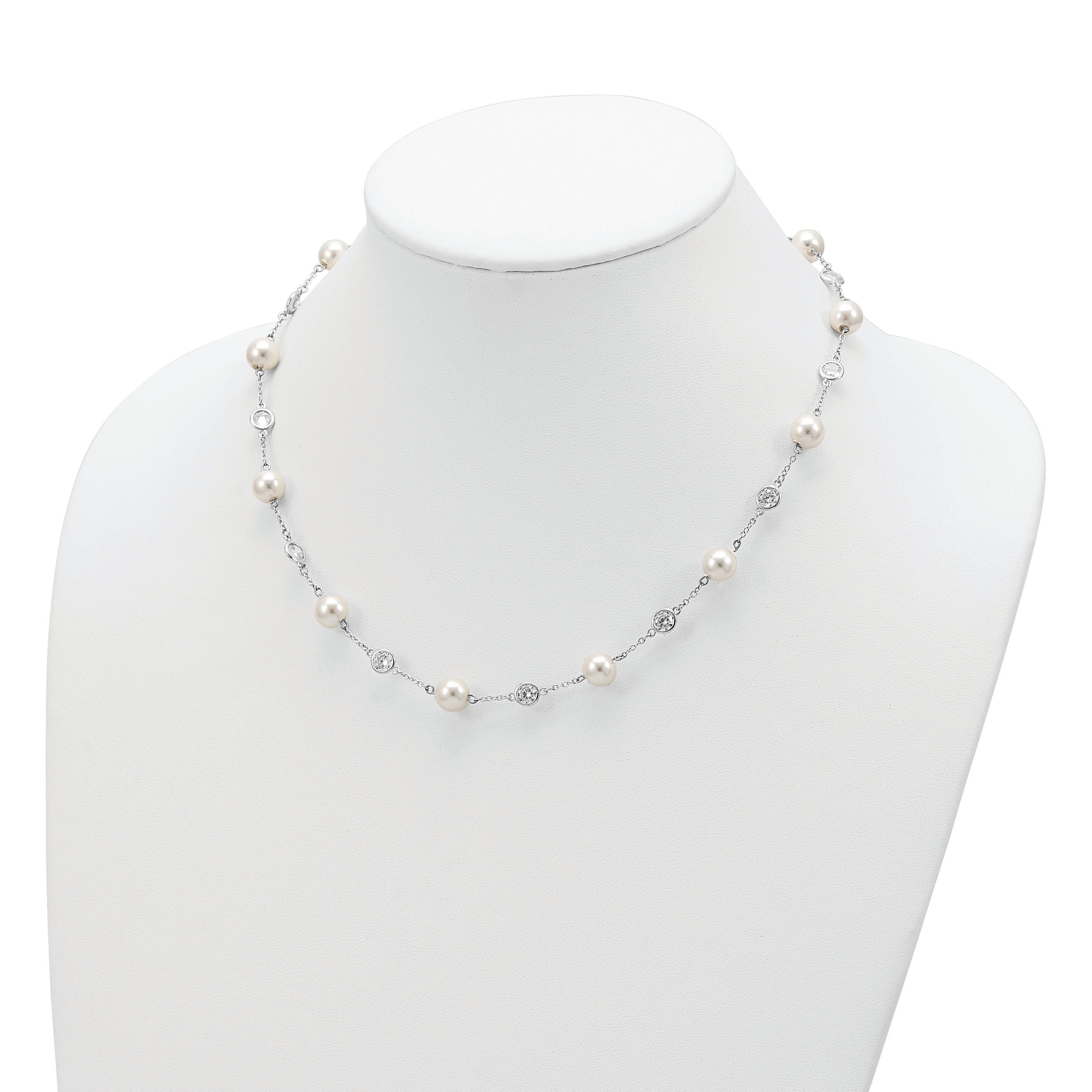 Cheryl M Sterling Silver Rhodium-plated Glass Pearl and Brilliant-cut CZ Bezel Station 18.25 Inch Necklace