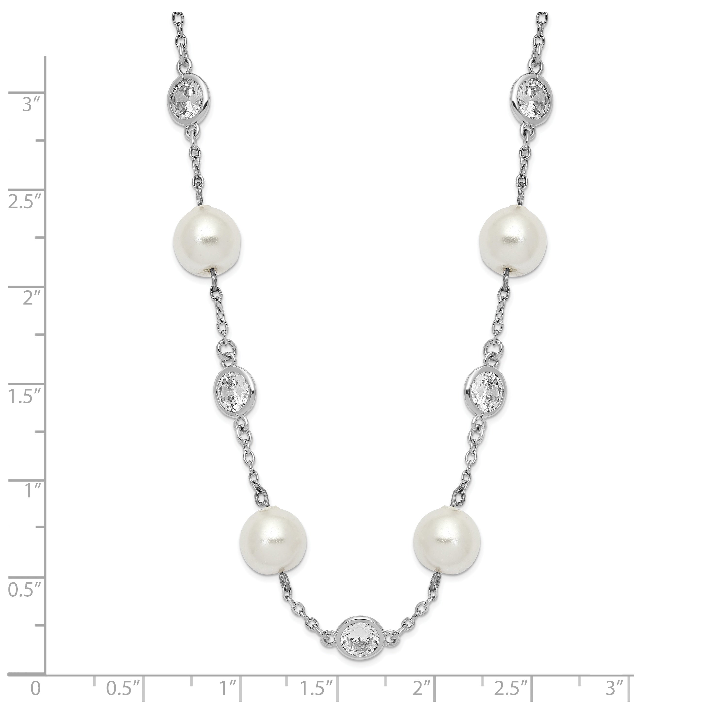 Cheryl M Sterling Silver Rhodium-plated Glass Pearl and Brilliant-cut CZ Bezel Station 18.25 Inch Necklace