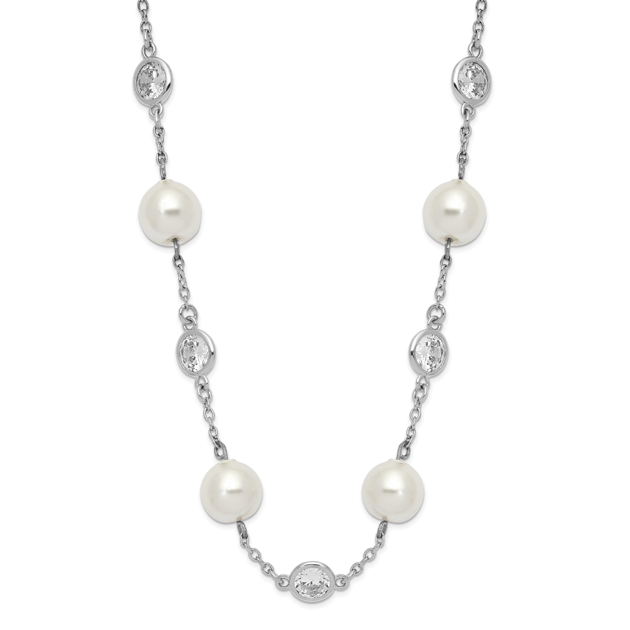 Cheryl M Sterling Silver Rhodium-plated Glass Pearl and Brilliant-cut CZ Bezel Station 18.25 Inch Necklace